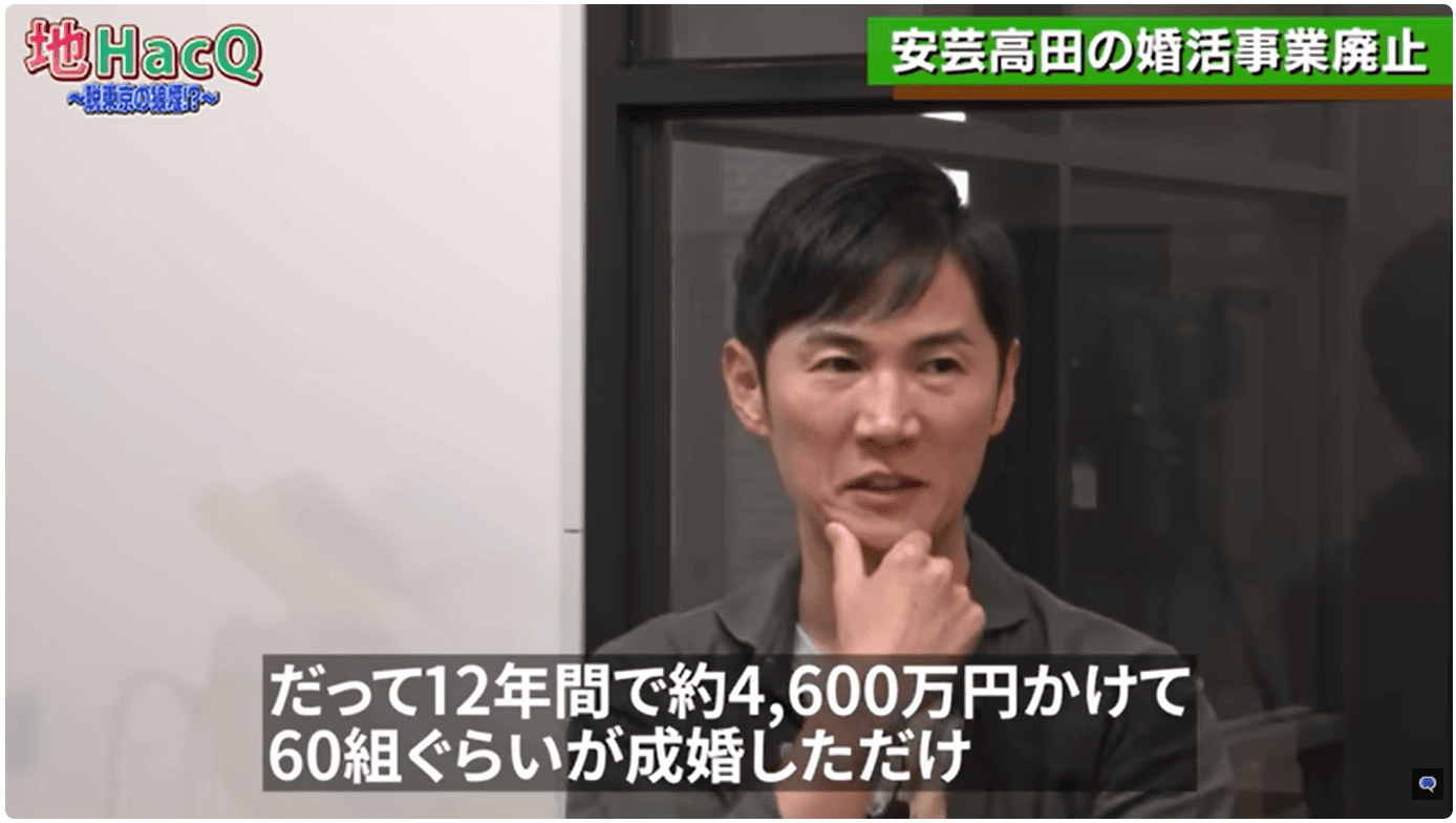 石丸伸二氏「だって12年間で約4600万円かけて60組ぐらいが成婚しただけ」
